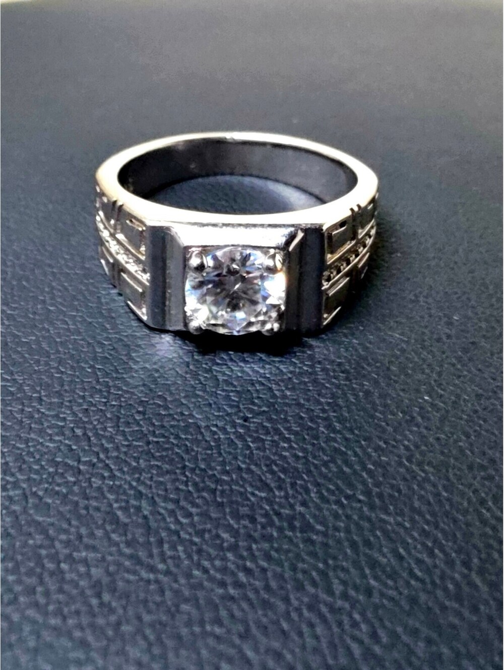 Mens Sterling Silver 925 CZ Solitaire Ring Greek Key Band Size 7.5